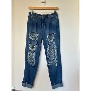 Studio F Linea Jeans Size 2 Ripped High Rise Baggy Boyfriend Medium Washed Denim